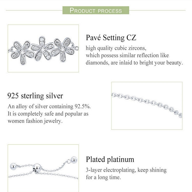 Sterling silver daisy bracelet infographic with CZ flower links and chain details