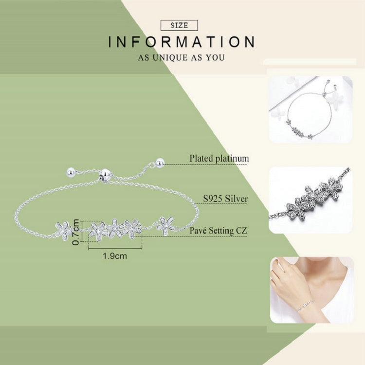 Sterling silver daisy bracelet with adjustable chain and CZ detail, 1.9 cm centerpiece