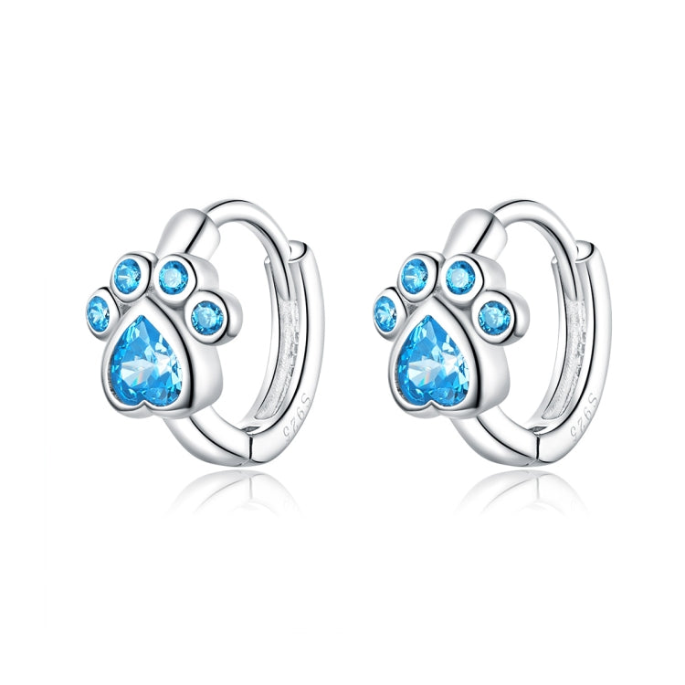 Sterling silver cat paw hoop earrings with blue zircon stones, small hinged hoop