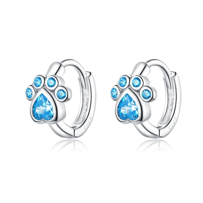Sterling silver cat paw hoop earrings with blue zircon stones, small hinged hoop