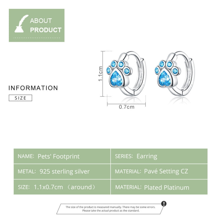 Sterling silver cat paw hoop earrings with blue stones, product size diagram