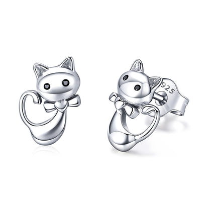 Cat-shaped 925 sterling silver stud earrings with hinged loop and small CZ eyes