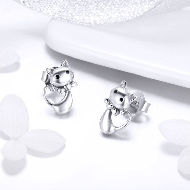 Cat-themed 925 sterling silver hoop earrings with dangling charm, CZ-style face
