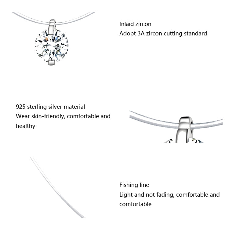 Sterling silver fish line necklace with round zircon pendant in a prong setting
