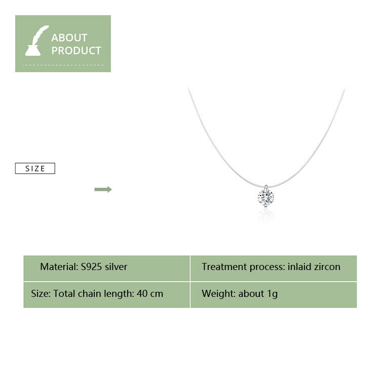 Sterling silver fish line necklace with round zircon pendant on fine cable chain