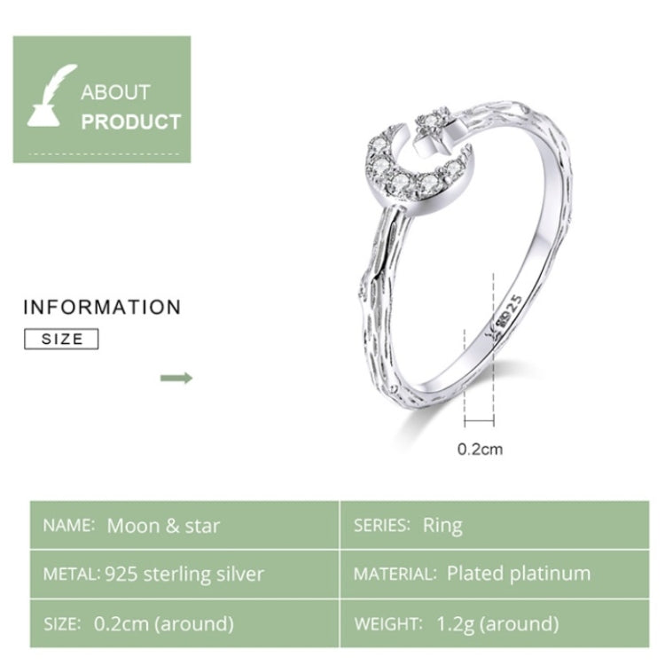 Moon & star open ring spec panel with 925 sterling silver and plated platinum