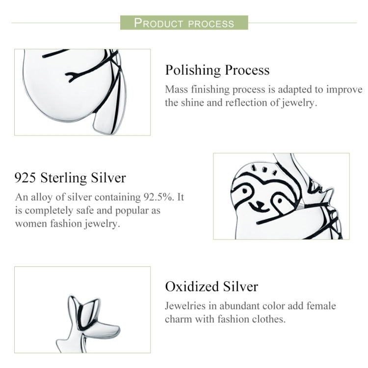 Close-up of sloth stud earrings in oxidized and polished silver finish