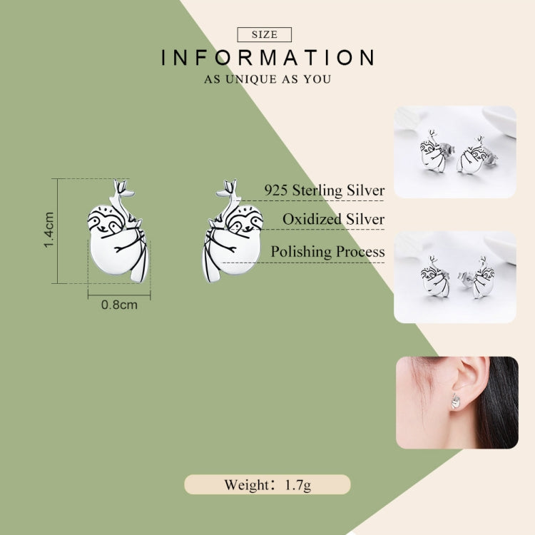 Sloth stud earring diagram showing size, oxidized silver and polishing details