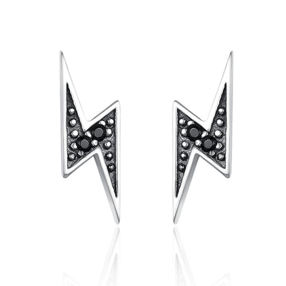 S925 sterling silver lightning bolt stud earrings with black stone accents