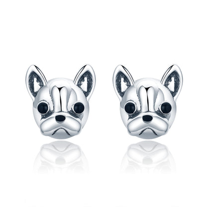 Sterling silver bulldog stud earrings with enamel black eyes and nose, pair