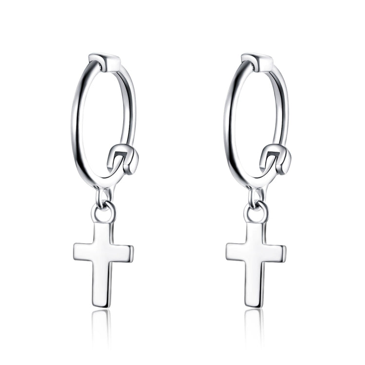 Sterling silver hoop earrings with dangling cross charm, hinged closure