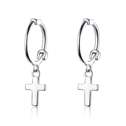 Sterling silver hoop earrings with dangling cross charm, hinged closure