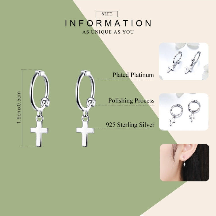 Cross drop hoop earrings in polished silver with size and finish diagram