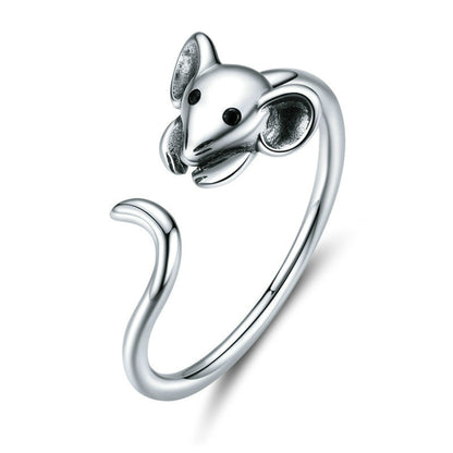 Sterling silver open mouse-shaped ring with detailed face and curled tail