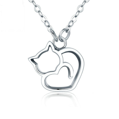 Sterling silver cat-and-heart pendant necklace with zircon-studded detail on link chain