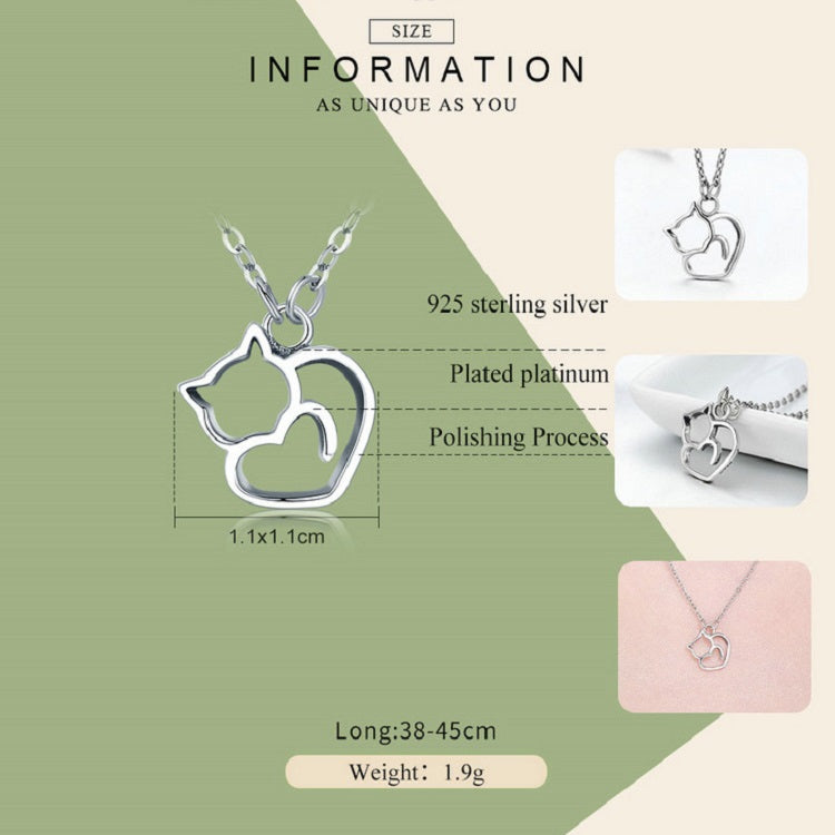 Sterling silver cat-and-heart pendant necklace with link chain and zircon detail