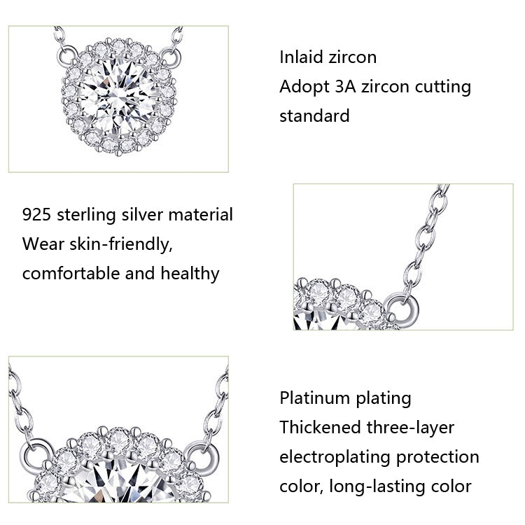 Silver zircon halo pendant necklace with round center stone and scalloped frame