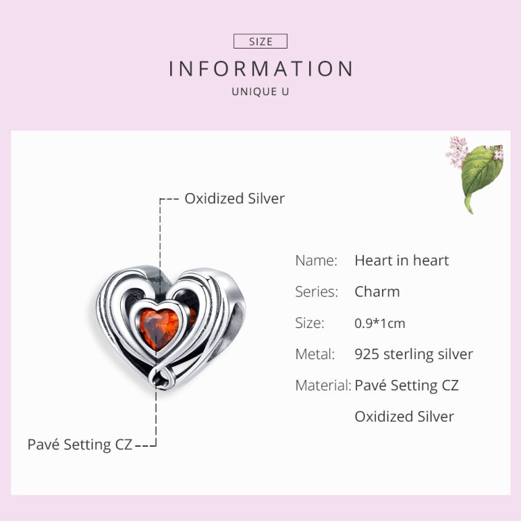 S925 heart-shaped sterling silver charm bead with orange center stone
