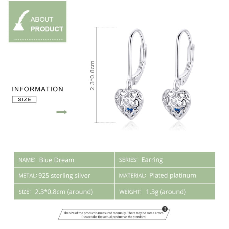 Sterling silver heart drop stud earrings with blue CZ inlay and hinged lever closures