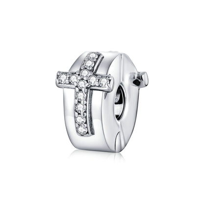 S925 sterling silver cross charm bead with clear stones