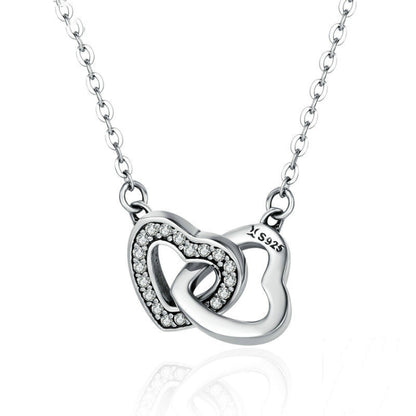 S925 sterling silver heart necklace with interlocking heart pendant and clear stones