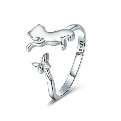 Sterling silver cat companion ring with bow charms; 925 stamp on the band