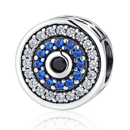 S925 sterling silver round evil-eye bead with blue and clear crystal inlay, black center
