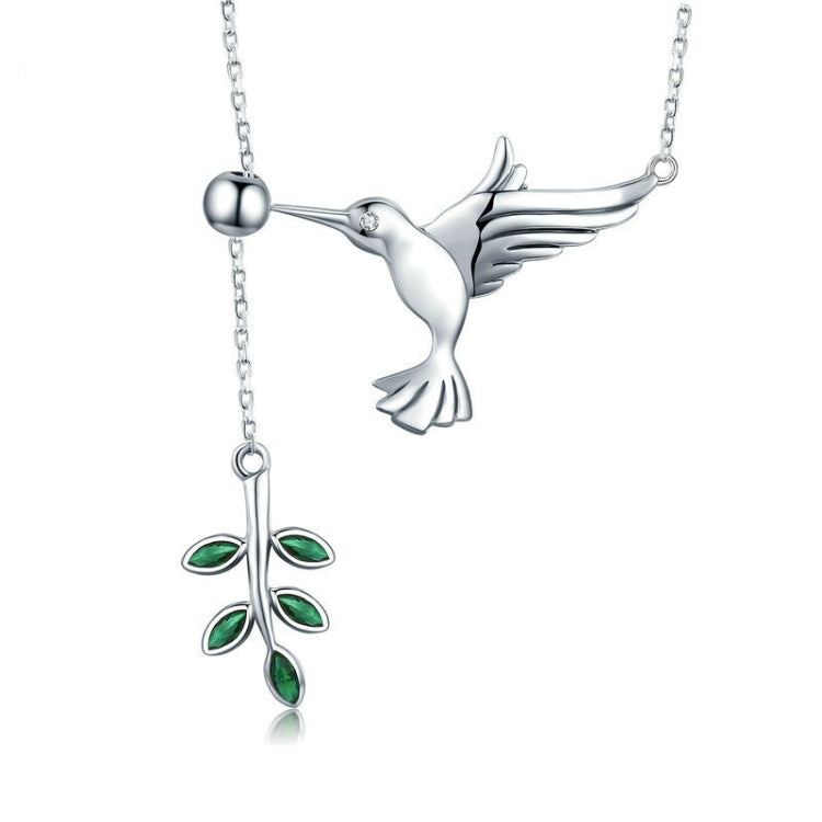Sterling silver hummingbird necklace with green enamel flower pendant