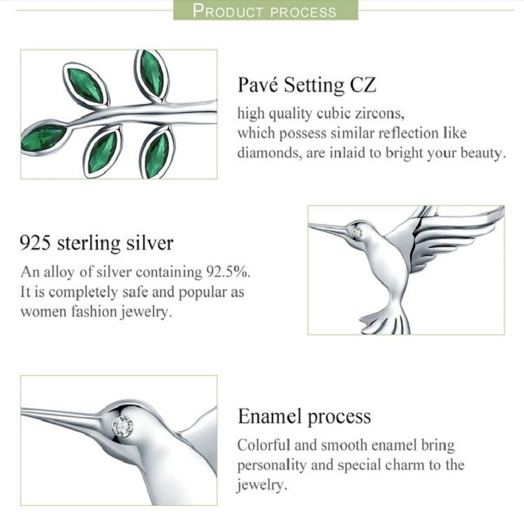 S925 sterling silver hummingbird necklace with green CZ leaf details