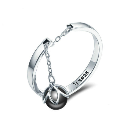 S925 sterling silver open ring with black pearl charm and chain, polished oxidized look
