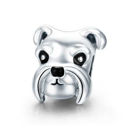 Schnauzer dog charm bead in polished sterling silver with black enamel eyes and nose