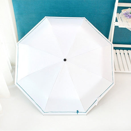 White compact umbrella with cat graphic, eight-panel canopy and central knob