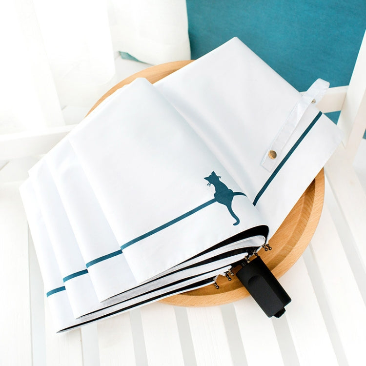 White foldable umbrella with cat stripe graphic, open canopy and black handle cap