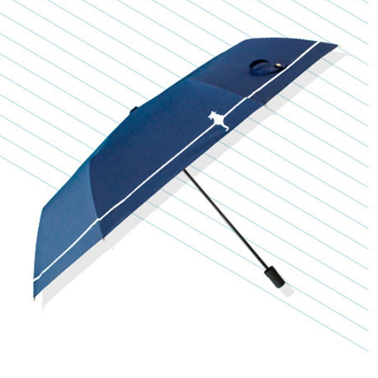 Navy umbrella canopy with white cat-and-line print and two visible support ribs