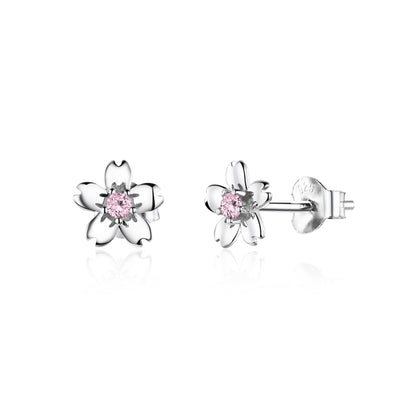 Sterling silver flower stud earrings with pink round zircon center and small petals