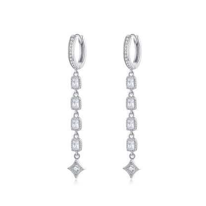 Long drop hoop earrings with stacked square and star cz dangles in silver-tone