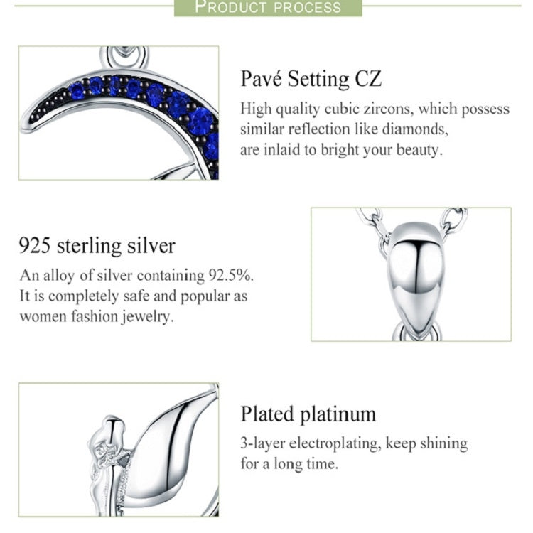 Sterling silver crescent necklace with blue zircon and platinum plating