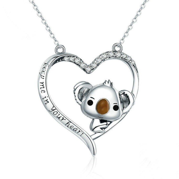 Sterling silver koala heart pendant necklace with clear stones and engraved text