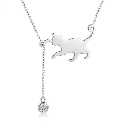 S925 sterling silver cat charm necklace with round CZ pendant and link chain