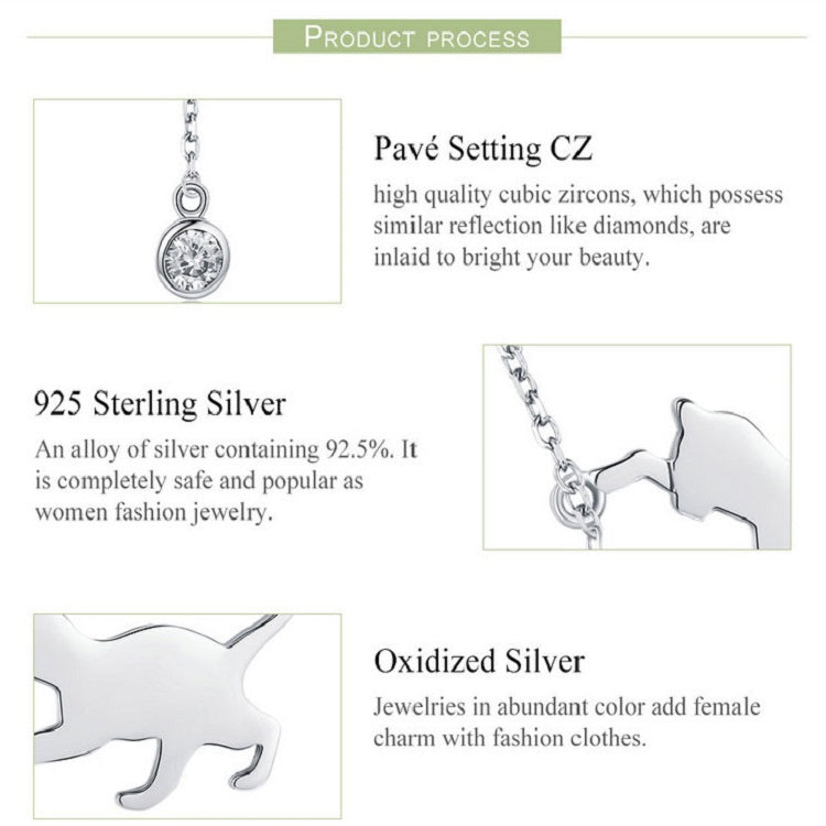 Sterling silver cat silhouette pendant necklace with round CZ stone and chain