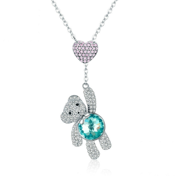 Silver bear charm necklace with pink heart CZ and teal crystal drop