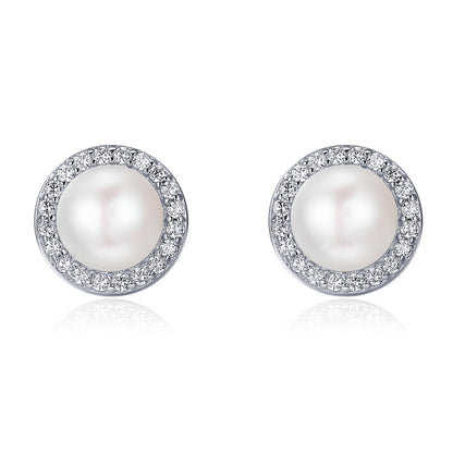 Sterling silver pearl stud earrings with crystal halo