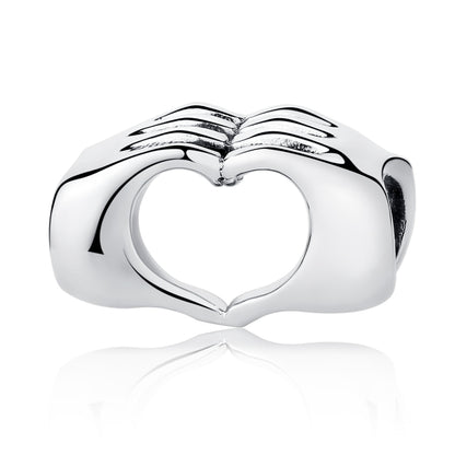 S925 sterling silver heart bead with holding-hands design and round threading hole