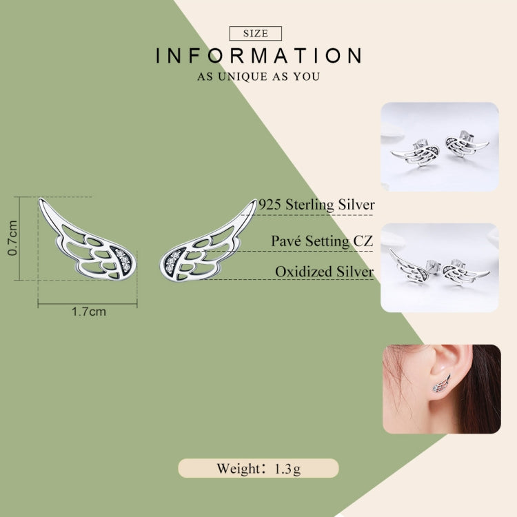 Sterling silver wing stud earrings with pavé CZ, 1.7 cm long