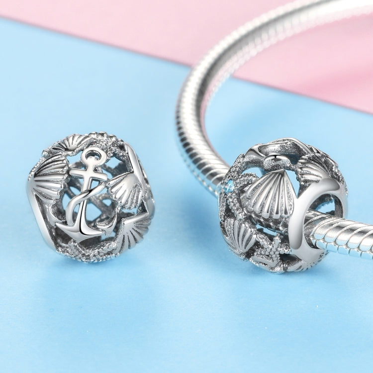 Sterling silver beach charm beads with anchor motif and blue CZ on bracelet chain