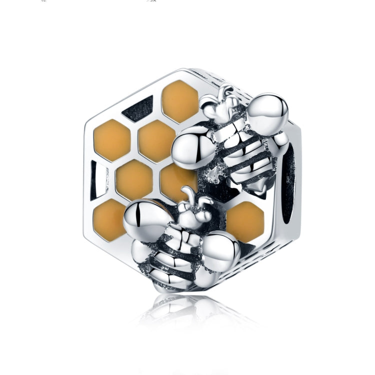 Sterling silver bee hive charm bead with yellow honeycomb enamel and bee details