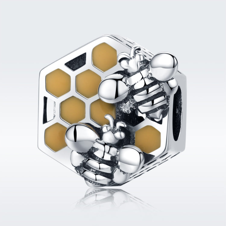 Sterling silver bee hive charm bead with yellow honeycomb enamel and bee motifs