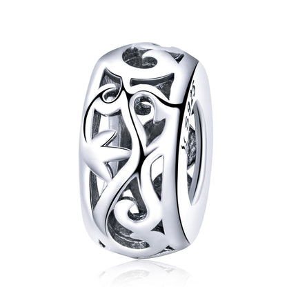 Heart-shaped S925 silver charm bead with curly grass love pattern, polished shine