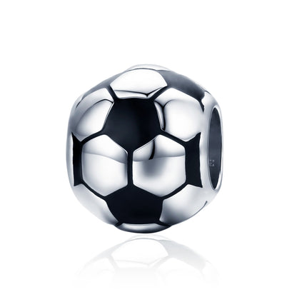 Platinum-plated soccer ball charm bead with black and silver enamel panels