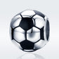 Side view soccer ball charm bead with black enamel and shiny silver finish